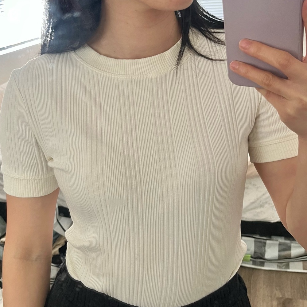 ZARA Cotton White Ivory Ribbed T-Shirt